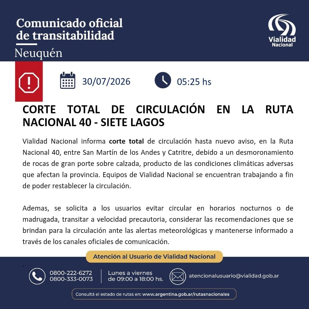 Vialidad Nacional comunica el corte total de circulación en la Ruta Nacional 40, circuito Siete Lagos, en Neuquén, por un desmoronamiento. (Vialidad Nacional)