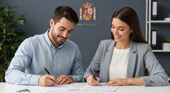 Pareja española sonriente firma documentos con bolígrafos en una notaría, con las llaves de la vivienda en la mesa y el escudo de España de fondo.