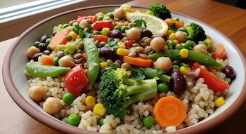 Primer plano de un plato de arroz integral cubierto con garbanzos, lentejas, frijoles rojos, guisantes, zanahorias, brócoli y pimientos. Incluye una rodaja de limón.