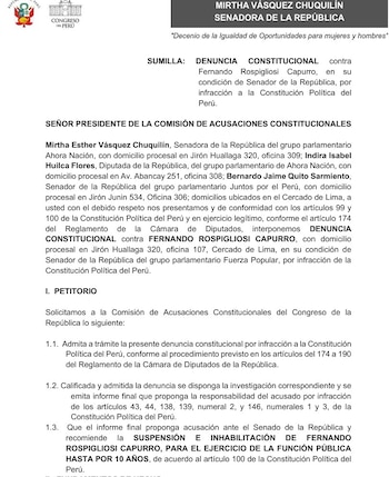 Página de un documento membretado del Congreso del Perú con el texto de una denuncia constitucional contra Fernando Rospigliosi Capurro