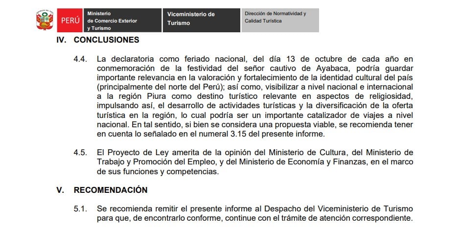 El Mincetur finalmente opinó sobre el feriado que se busca declarar para el 13 de octubre. Lo considera vialbe, con observaciones. - Crédito Captura del Congreso