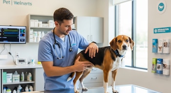 Veterinario en uniforme azul con estetoscopio examina a un perro beagle tricolor sobre una mesa de metal en una clínica moderna con equipo médico y folletos.
