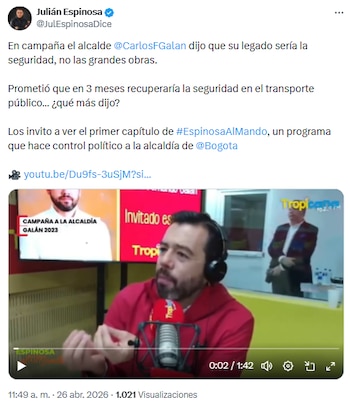 Resurgen grabaciones de 2023: Carlos Fernando Galán se comprometió a combatir el crimen durante su campaña electoral - crédito @JulEspinosaDice/X