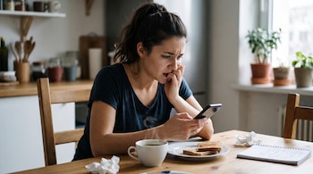 Una mujer sentada ante una mesa con café y tostadas mira la pantalla de un teléfono móvil mientras se muerde los dedos.