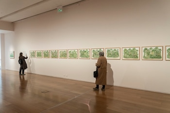 Persona de espaldas con un teléfono móvil en la mano fotografiando una pared con doce dibujos de árboles enmarcados con madera