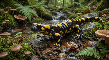 Una salamandra negra con manchas amarillas camina sobre rocas húmedas y hojas en un arroyo poco profundo rodeado de musgo, helechos y pequeños hongos en un bosque.
