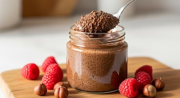 Primer plano de una cuchara con crema de chocolate y chía sobre un frasco de vidrio. Frambuesas y avellanas se encuentran en una tabla de madera.