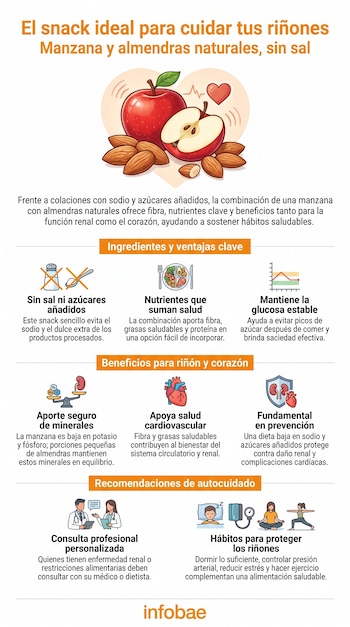 Infografía con una manzana, almendras y pictogramas de corazón, riñón, balanza, sal y azúcar tachados, glucosa, médico y hábitos saludables.