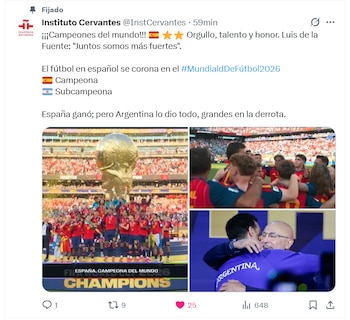 Una publicación de Twitter del Instituto Cervantes muestra texto sobre el Mundial 2026, España campeona y Argentina subcampeona, junto a cuatro imágenes relacionadas con fútbol