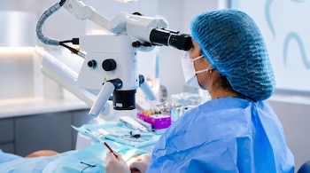 Un profesional dental con gorro azul, mascarilla y guantes blancos examina a un paciente con un microscopio odontológico, en una clínica moderna