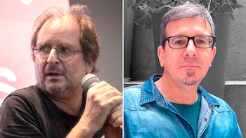 Composición de dos retratos: a la izquierda, Martín Kohan habla con un micrófono; a la derecha, Eduardo Berti mira a la cámara con anteojos
