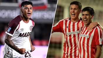 Imagen dividida con un futbolista de Lanús a la izquierda y dos futbolistas de Estudiantes de La Plata a la derecha