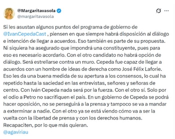 Margarita Rosa de Francisco expresó su apoyo a Iván Cepeda de cara a la segunda vuelta presidencial - crédito @margaritavasola/ X