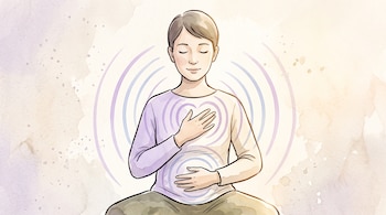 Ilustración en acuarela de una persona sentada con los ojos cerrados, con una mano en el pecho, otra en el vientre y ondas concéntricas.