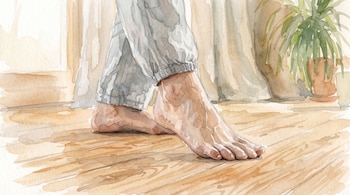 Pies descalzos y pantalones grises sobre un suelo de madera, con cortinas y una planta en maceta al fondo.