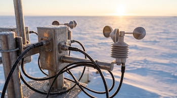 Un anemómetro de metal y cables cubiertos de escarcha sobre un fondo de nieve iluminado por el sol poniente.