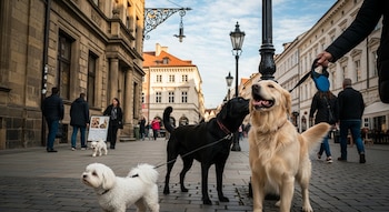 Cuatro perros con correas, un golden retriever, un labrador negro y dos pequeños perros blancos, caminan por una calle adoquinada con edificios históricos y personas.
