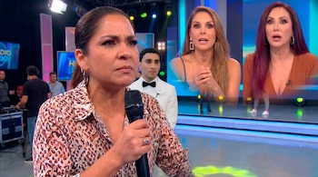 Katia Palma fantasiada de animal segura um microfone de televisão. Rebeca Escribns e Janet Barboza pareciam surpresas nas duas telas.