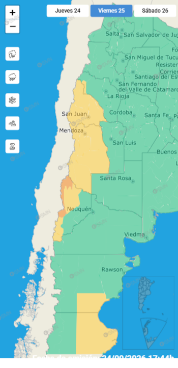 El Servicio Meteorológico Nacional mantuvo la alerta naranja por lluvias en sectores de la cordillera neuquina durante el viernes