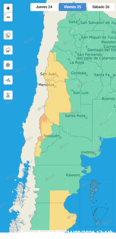 El Servicio Meteorológico Nacional mantuvo la alerta naranja por lluvias en sectores de la cordillera neuquina durante el viernes