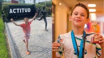 Díptico muestra a un niño sonriendo y celebrando frente a un letrero de 'ACTITUD', y luego posando con medalla, trofeo transparente y trofeo dorado
