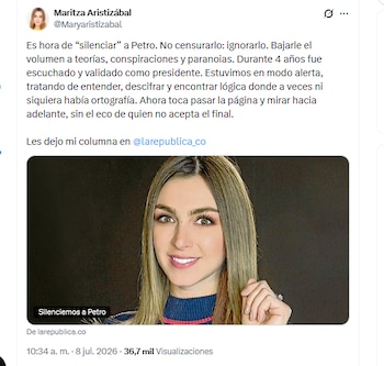 La columnista Maritza Aristizábal aseguró que es hora de “silenciar” a Gustavo Petro - crédito @Maryaristizabal/X