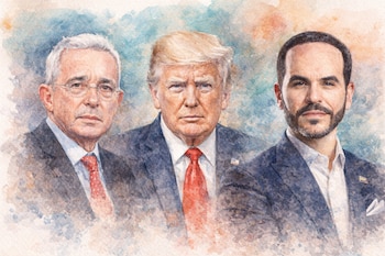 Ilustración de tres hombres: el expresidente Álvaro Uribe, el expresidente Donald Trump y el abogado y presidente de Colombia, Abelardo de la Espriella en formato acuarela.