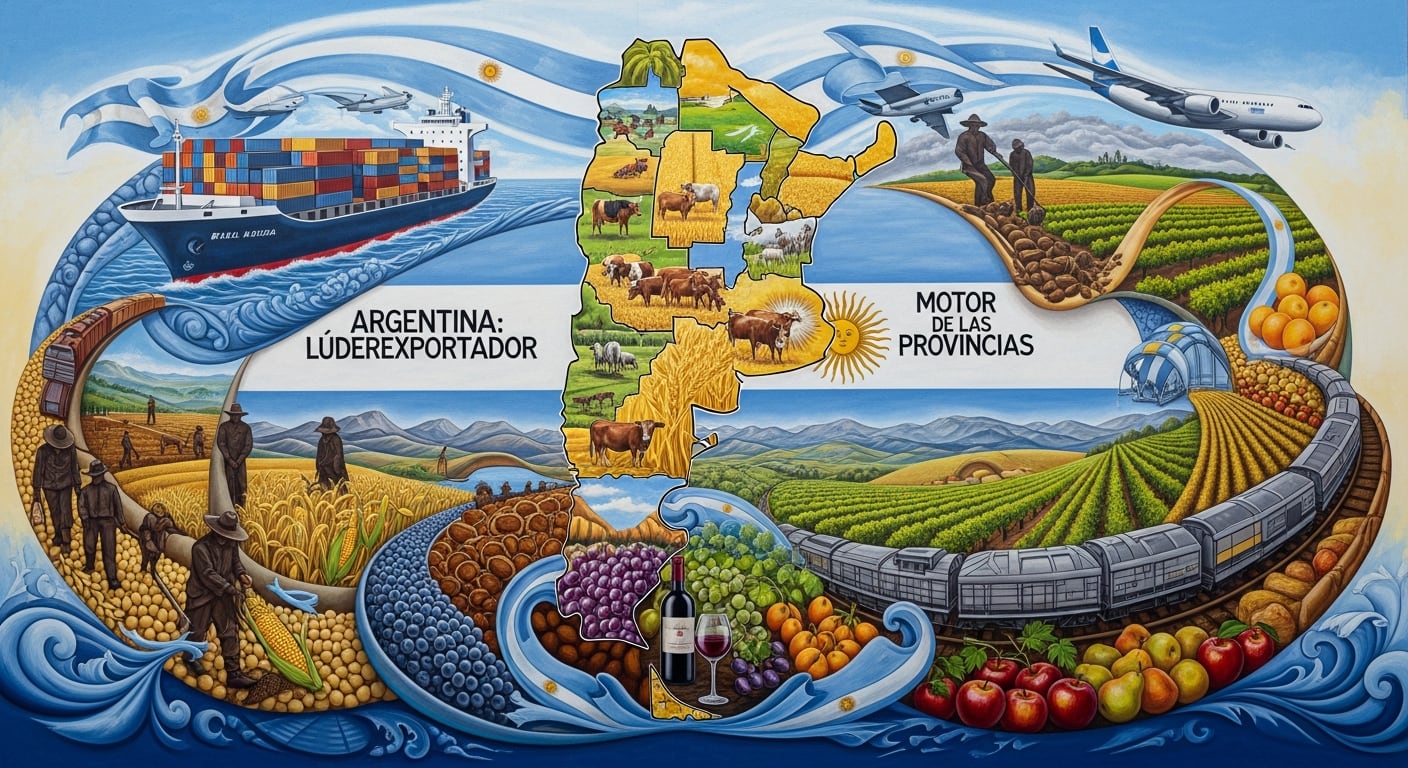 La agroindustria argentina se ilustra como motor principal de las exportaciones y de la economía provincial, mostrando sus diversos productos agrícolas y ganaderos. (Imagen Ilustrativa Infobae)