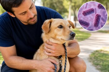 Un hombre abraza a un perro rubio en un parque mientras una imagen circular superpuesta muestra partículas de un virus.