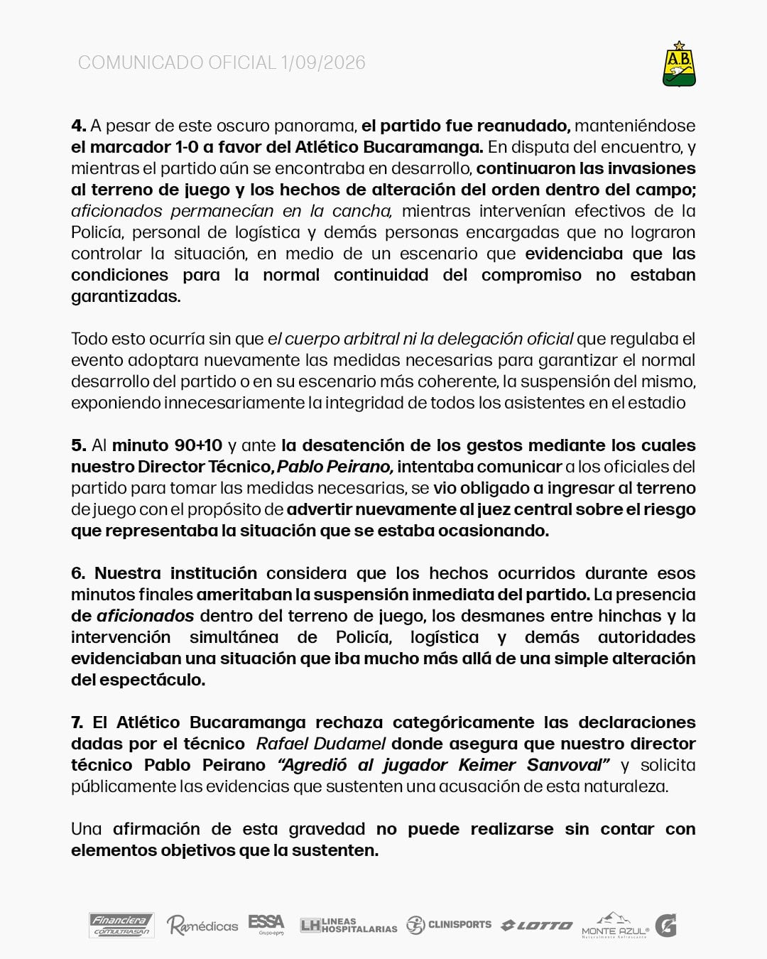 Atlético Bucaramanga afirmó que los incidentes en el cierre del partido ante Deportivo Cali debieron llevar a la suspensión inmediata del encuentro-crédito @ABucaramanga/X