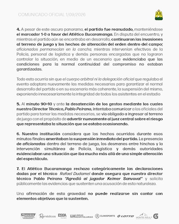 Atlético Bucaramanga afirmó que los incidentes en el cierre del partido ante Deportivo Cali debieron llevar a la suspensión inmediata del encuentro-crédito @ABucaramanga/X