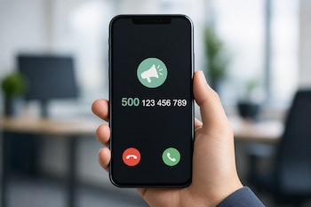 Una mano sostiene un teléfono móvil con el número 500 123 456 789 y el icono de un megáfono en la pantalla.