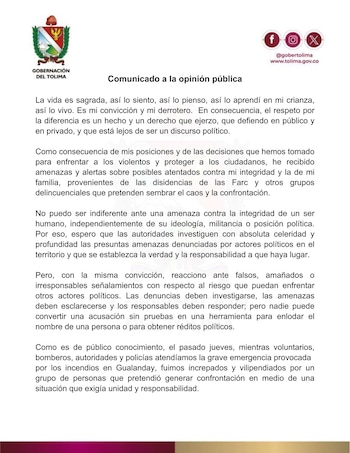 La gobernadora Adriana Matiz denunció amenazas contra brigadistas del Ejército que combatían un incendio en el Cerro Las Mercedes, entre Suárez y Carmen de Apicalá, Tolima - crédito @AdrianaMatizTol/X
