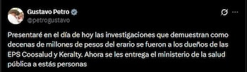 Gustavo Petro cuestionó el nombramiento de Ana María Vesga y aseguró que el próximo gobierno entregará el manejo de la salud a los dueños de las EPS - crédito Gustavo Petro/X