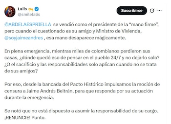 La congresista Lalis también cuestionó al presidente Abelardo de la Espriella por respaldar al ministro de Vivienda - crédito @smilelalis/X
