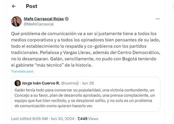 María Fernanda Carrascal criticó la gestión de Carlos Fernando Galán en la ciudad de Bogotá - crédito @MafeCarrascal