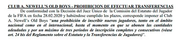 comunicado afa Prohibición de transferencias para NOB Newells