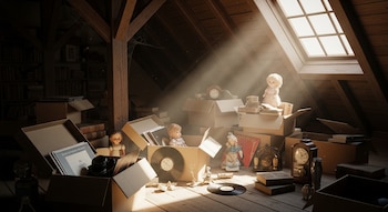 Ático polvoriento con vigas de madera. Luz solar entra por una ventana iluminando cajas abiertas llenas de vinilos, muñecas de porcelana, relojes y libros.