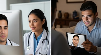 Díptico de dos personas de aspecto latino. Una médica con estetoscopio mira una pantalla. Un hombre mira una tableta que muestra a la médica.