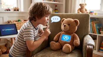 Un niño sentado en el suelo mira y señala un oso de peluche con pantalla facial de IA, sentado en un sillón. Juguetes visibles en el fondo de la habitación.