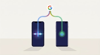 Ilustración editorial de dos smartphones, un iPhone con la interfaz de Siri y un Samsung Galaxy con un asistente de voz, con líneas luminosas que se unen en el logo de Google.