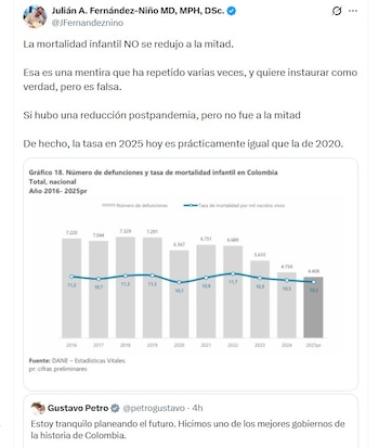 Según el análisis del epidemiólogo, la tasa de mortalidad infantil pasó de 11,2 a 10,2 por cada 1.000 nacidos vivos entre 2016 y la actualidad - crédito @JFernandeznino/X