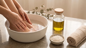 Pies y manos sumergidos en palangana con agua, un frasco de aceite, un recipiente con sal marina, una toalla enrollada y una rama de eucalipto.