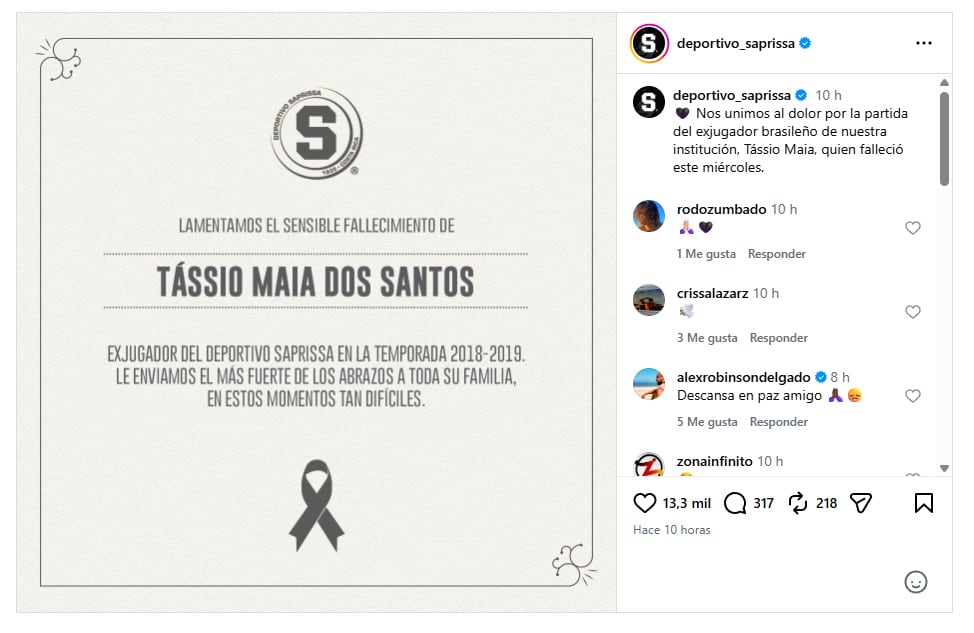 El comunicado del Deportivo Saprissa de Costa Rica por la muerte de Tássio Maia dos Santos