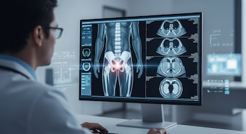 Un médico con gafas, visto por encima del hombro, examina una pantalla que muestra una resonancia magnética del cuerpo humano, destacando la región pélvica.