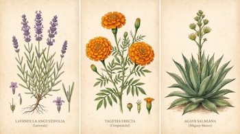 Tres paneles con ilustraciones de plantas: Lavandula angustifolia (lavanda), Tagetes erecta (cempasúchil) y Agave salmiana (maguey manso).