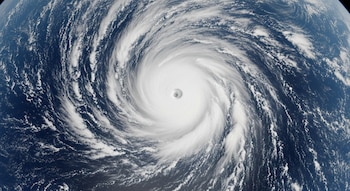Una imagen de satélite muestra un gran ciclón tropical blanco girando sobre un océano azul oscuro, con un ojo claramente visible en su centro.