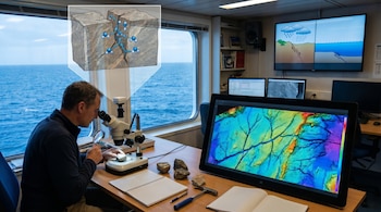 Hombre en buque mira por microscopio muestras de roca. Monitores muestran mapas batimétricos y diagramas geológicos. Rocas y cuadernos en mesa. Océano al fondo.