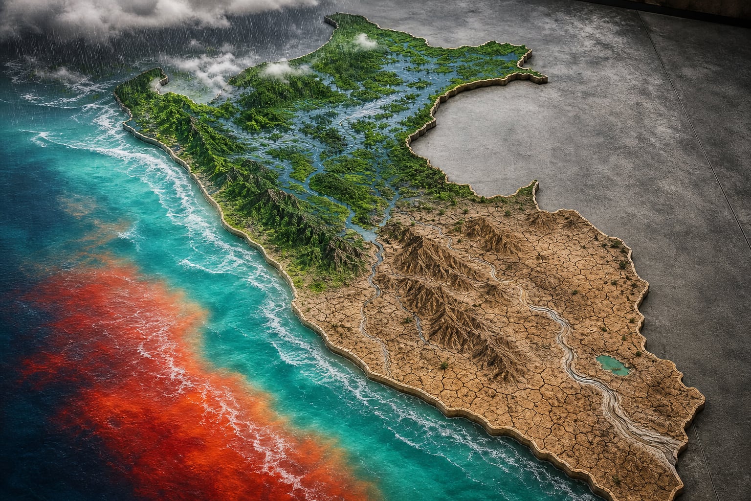 Un mapa tridimensional de Perú ilustra la división climática causada por El Niño, con abundantes lluvias en el norte y condiciones de sequía en el sur. (Imagen Ilustrativa Infobae)