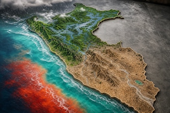 Mapa en relieve de Perú dividido entre una región norte verde con ríos desbordados y un sur marrón resquebrajado, junto a un océano con marcas rojas.